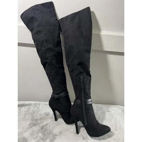 Nina New York 5 M Black Suede Thigh High Tall Pointy Toe Boots Witchy Mob Wife