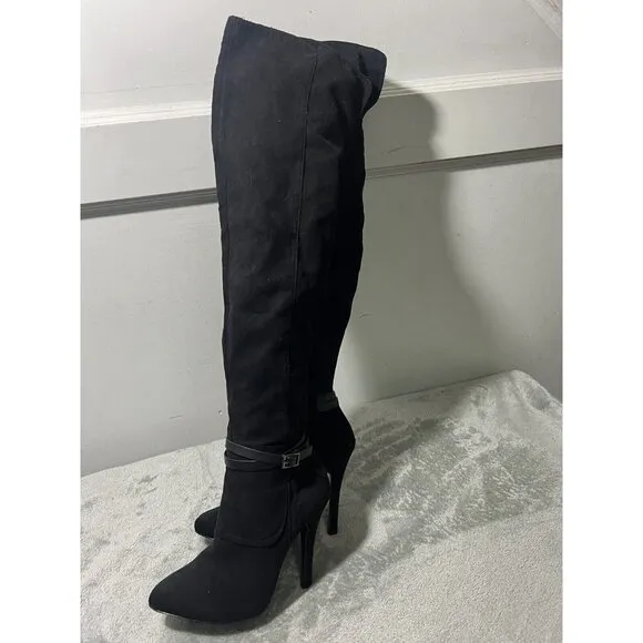 Nina New York 5 M Black Suede Thigh High Tall Pointy Toe Boots Witchy Mob Wife