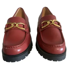 Nine West Gables Loafers Burnt Red Lug Sole Faux Leather Gold Tone Chain Accent