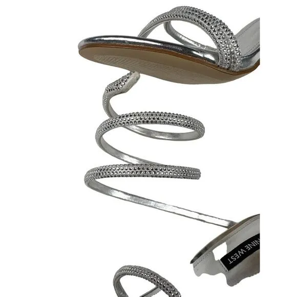 Nine West Maskil Ankle Wrap Heeled Sandals in Silver