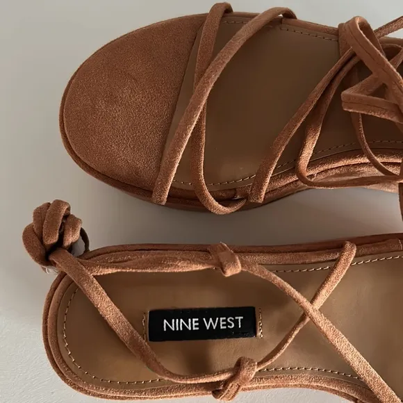 Nine West • NWOT Benet Platform Ankle Tie Sandals Camel Tan Size 7.5