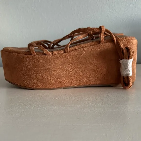 Nine West • NWOT Benet Platform Ankle Tie Sandals Camel Tan Size 7.5