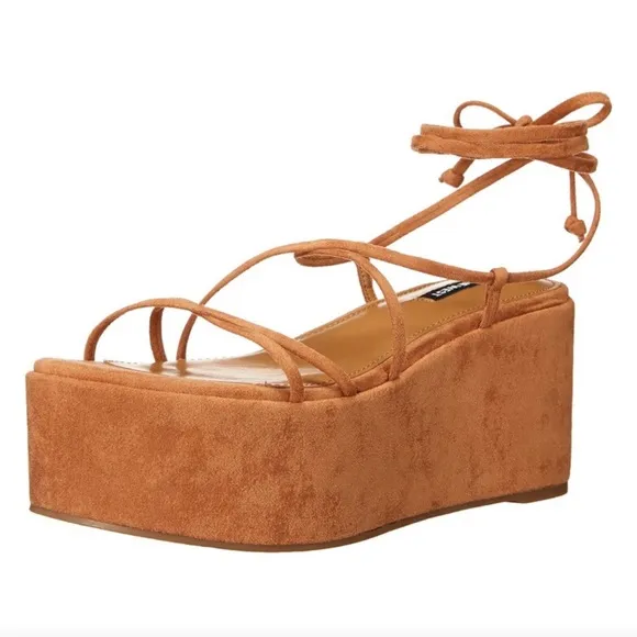 Nine West • NWOT Benet Platform Ankle Tie Sandals Camel Tan Size 7.5