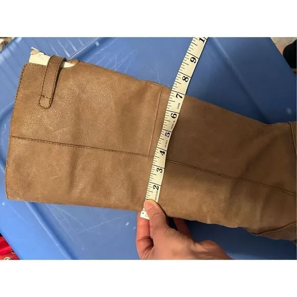 Nine West tan leather buckle strap round toe heel knee high boots