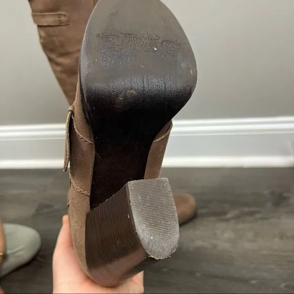 Nine West tan leather buckle strap round toe heel knee high boots