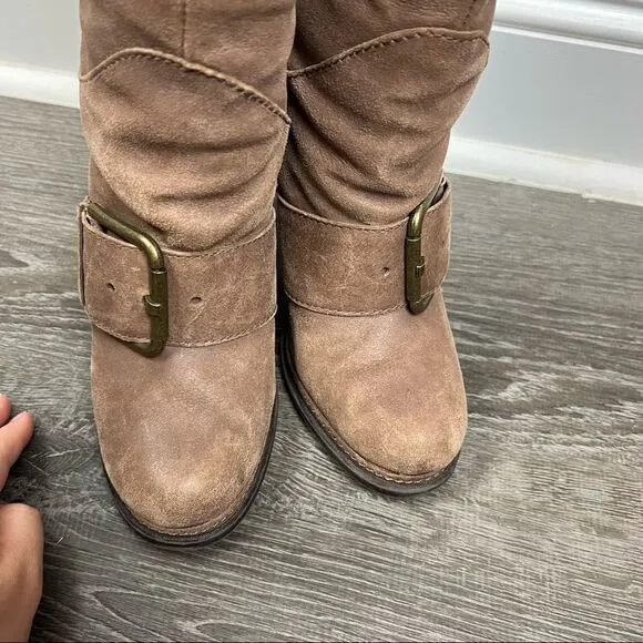 Nine West tan leather buckle strap round toe heel knee high boots