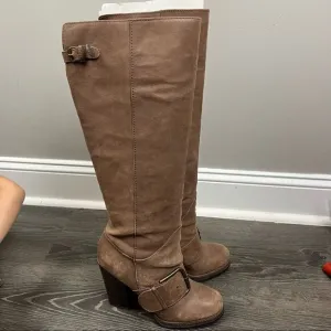 Nine West tan leather buckle strap round toe heel knee high boots