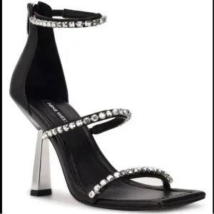 NINE WEST “VAVOOM” BLACK WITH RHINESTONE STRAPS ANKLE WRAP HIGH HEEL SANDALS🆕