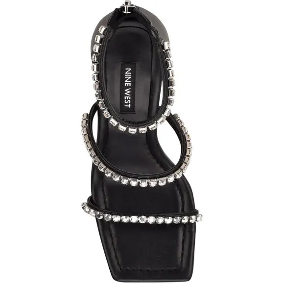 NINE WEST “VAVOOM” BLACK WITH RHINESTONE STRAPS ANKLE WRAP HIGH HEEL SANDALS🆕