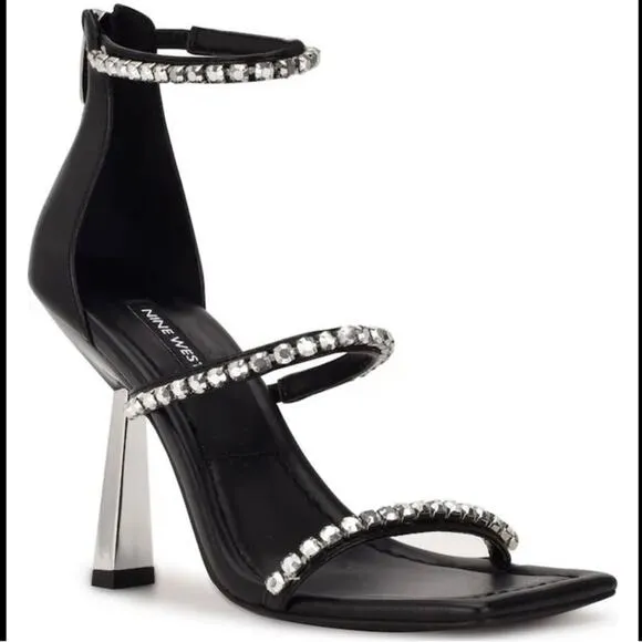 NINE WEST “VAVOOM” BLACK WITH RHINESTONE STRAPS ANKLE WRAP HIGH HEEL SANDALS🆕
