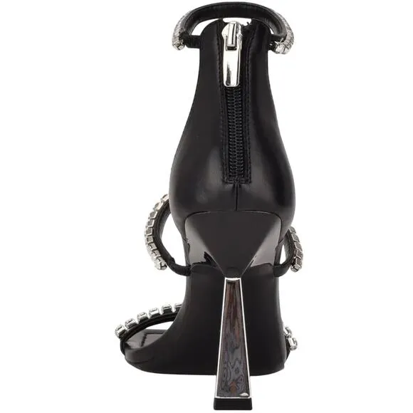 NINE WEST “VAVOOM” BLACK WITH RHINESTONE STRAPS ANKLE WRAP HIGH HEEL SANDALS🆕
