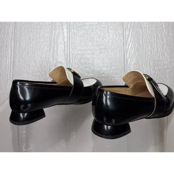 NONETHELESS Black &amp; White Patent Leather Buckle Loafers 36