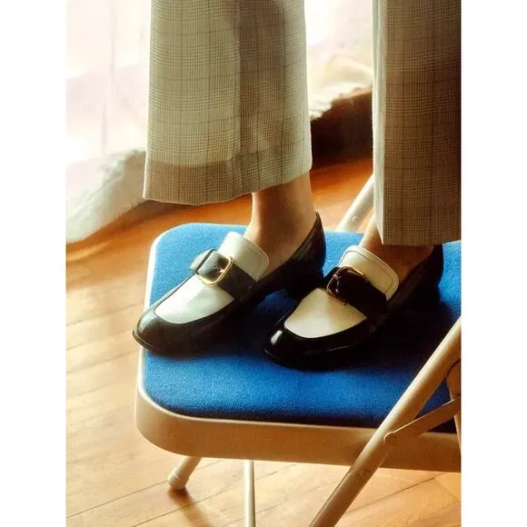 NONETHELESS Black &amp; White Patent Leather Buckle Loafers 36