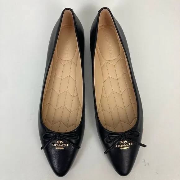NWOB Coach Annabel Ballet Flats Black Leather Pointed Toe Bow Quilted Insole 6.5