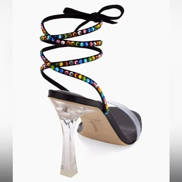 NWOB Larroude Disco Gloria Embellished Wrap Sandals in Black Leather/Vinyl 6.5