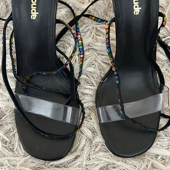 NWOB Larroude Disco Gloria Embellished Wrap Sandals in Black Leather/Vinyl 6.5