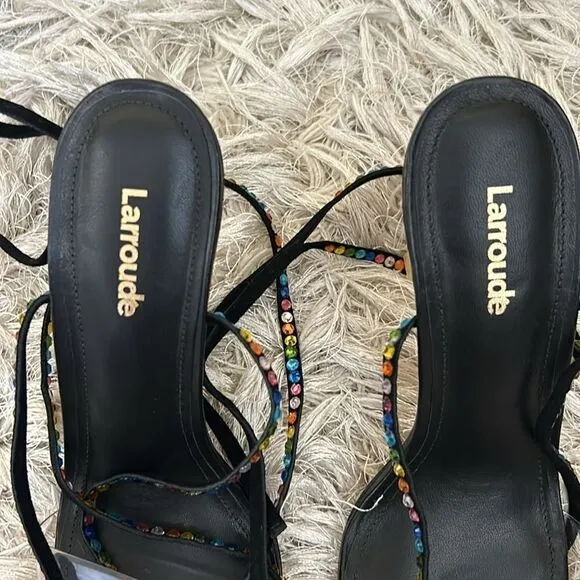 NWOB Larroude Disco Gloria Embellished Wrap Sandals in Black Leather/Vinyl 6.5
