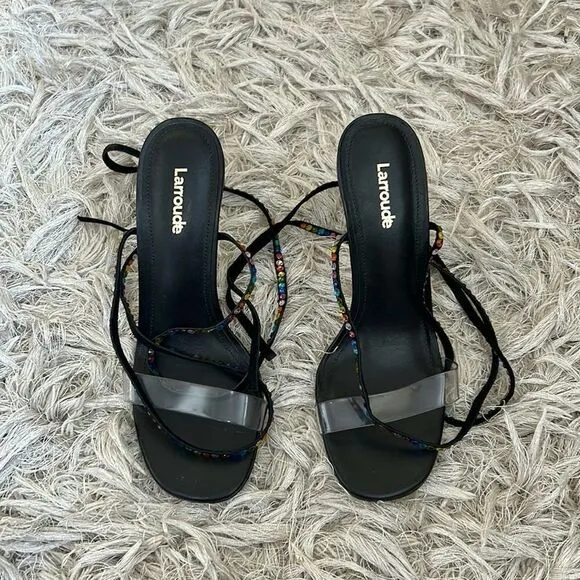 NWOB Larroude Disco Gloria Embellished Wrap Sandals in Black Leather/Vinyl 6.5