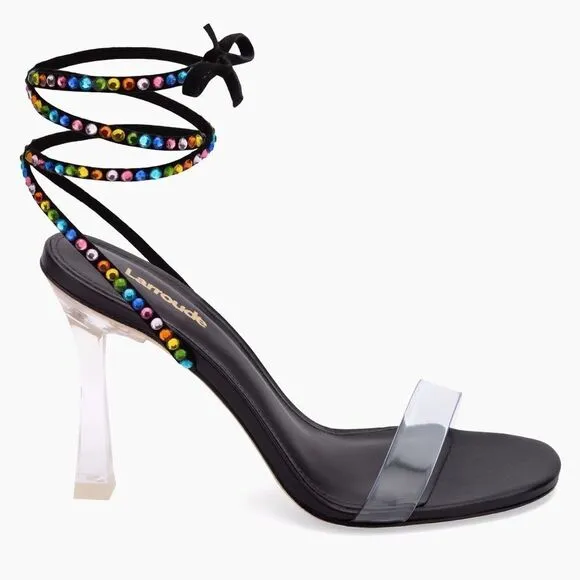 NWOB Larroude Disco Gloria Embellished Wrap Sandals in Black Leather/Vinyl 6.5
