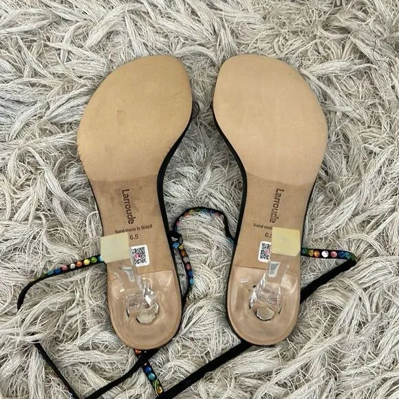 NWOB Larroude Disco Gloria Embellished Wrap Sandals in Black Leather/Vinyl 6.5