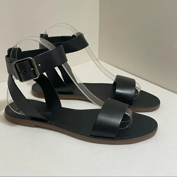 NWOB Madewell The Boardwalk Black Leather Ankle-Strap Flat Sandals 7