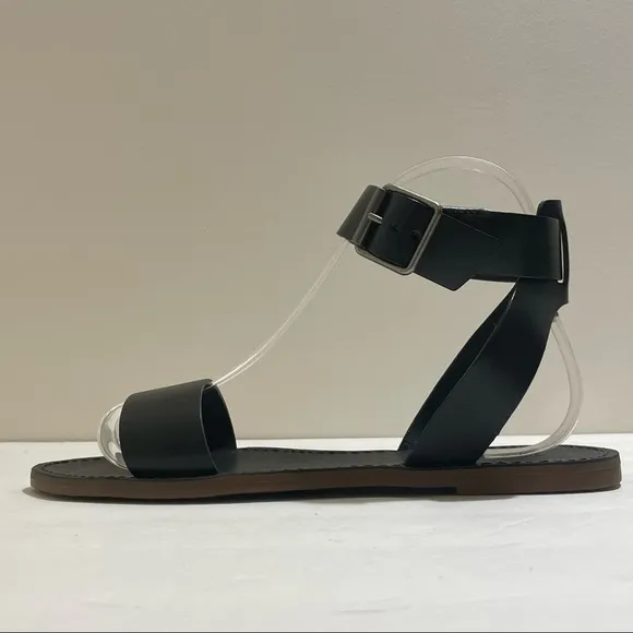 NWOB Madewell The Boardwalk Black Leather Ankle-Strap Flat Sandals 7