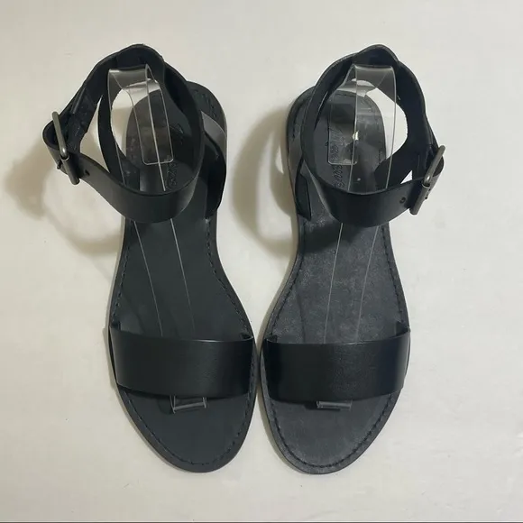 NWOB Madewell The Boardwalk Black Leather Ankle-Strap Flat Sandals 7