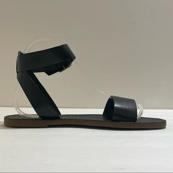NWOB Madewell The Boardwalk Black Leather Ankle-Strap Flat Sandals 7