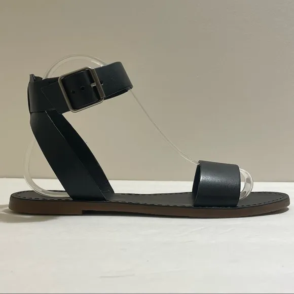 NWOB Madewell The Boardwalk Black Leather Ankle-Strap Flat Sandals 7