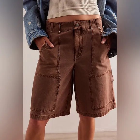 NWOT Free People Bayside Baggy Longline Carpenter Shorts in Oiled Oak size 8