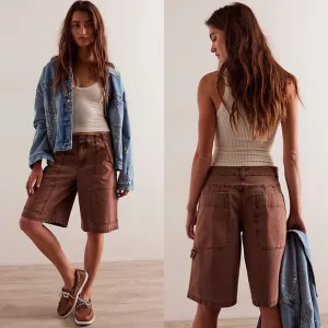 NWOT Free People Bayside Baggy Longline Carpenter Shorts in Oiled Oak size 8