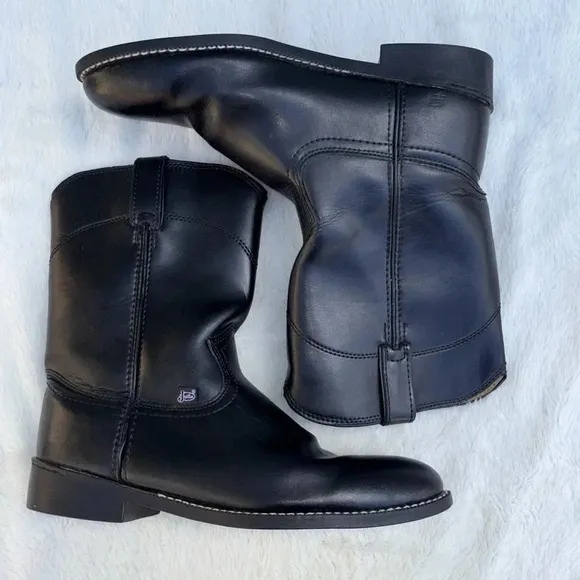 NWOT Justin Basics Western Roper Cowboy Boots Men’s 10 Black Leather JB3000