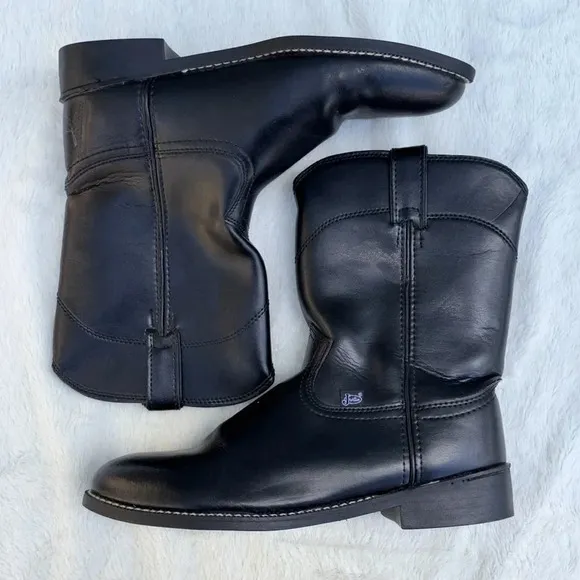 NWOT Justin Basics Western Roper Cowboy Boots Men’s 10 Black Leather JB3000