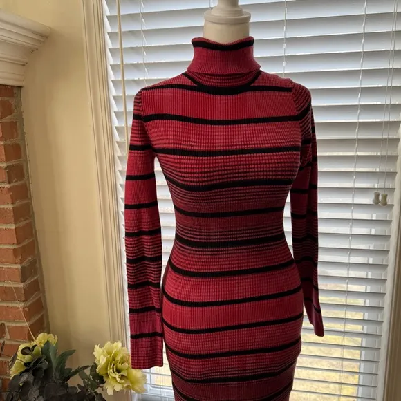 NWOT Karen Millen striped turtleneck long sleeve sweater dress rust black small