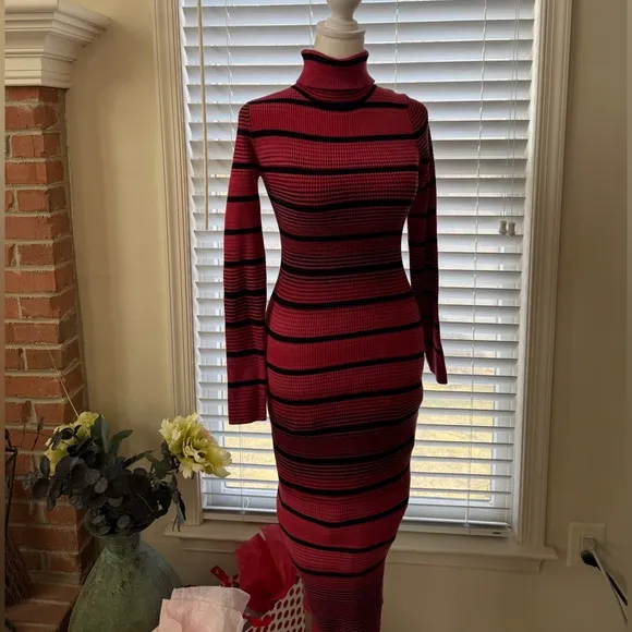 NWOT Karen Millen striped turtleneck long sleeve sweater dress rust black small