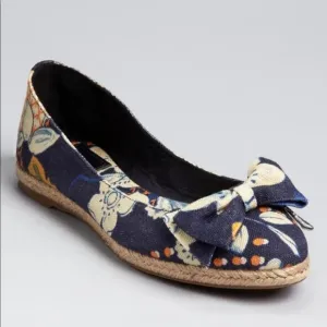 NWOT Tory Burch Tasmin Espadrilles Bow Flats Size 7 Navy Blue Floral Canvas