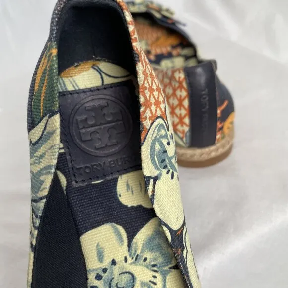 NWOT Tory Burch Tasmin Espadrilles Bow Flats Size 7 Navy Blue Floral Canvas
