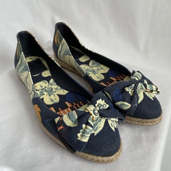 NWOT Tory Burch Tasmin Espadrilles Bow Flats Size 7 Navy Blue Floral Canvas