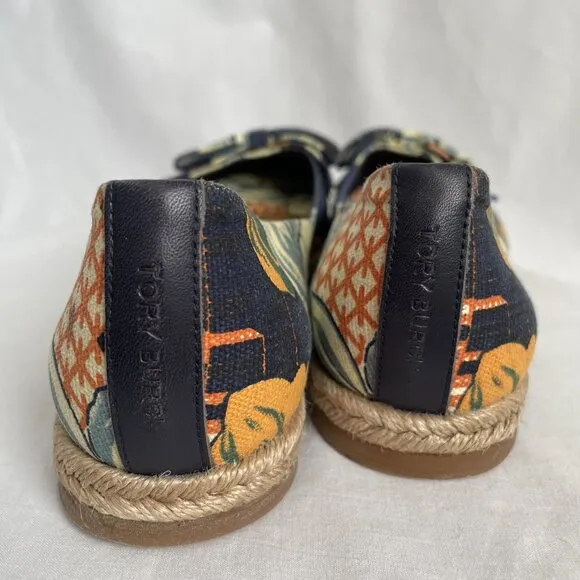 NWOT Tory Burch Tasmin Espadrilles Bow Flats Size 7 Navy Blue Floral Canvas