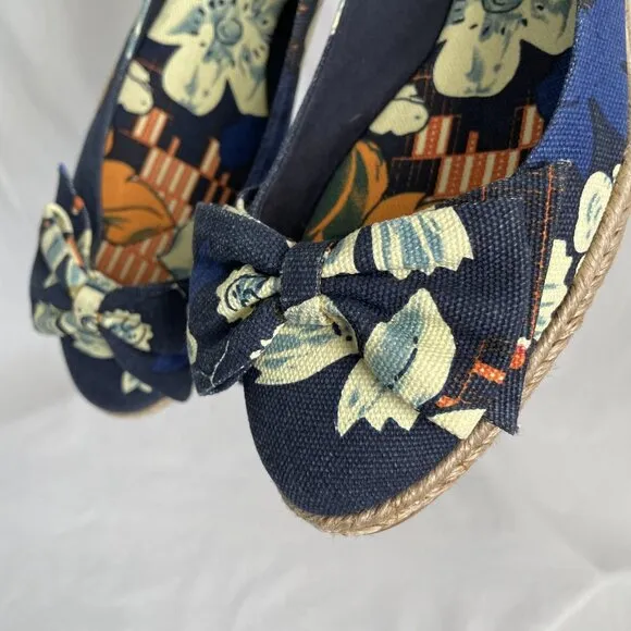 NWOT Tory Burch Tasmin Espadrilles Bow Flats Size 7 Navy Blue Floral Canvas