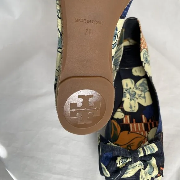 NWOT Tory Burch Tasmin Espadrilles Bow Flats Size 7 Navy Blue Floral Canvas