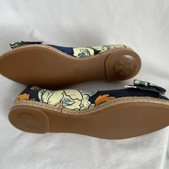 NWOT Tory Burch Tasmin Espadrilles Bow Flats Size 7 Navy Blue Floral Canvas