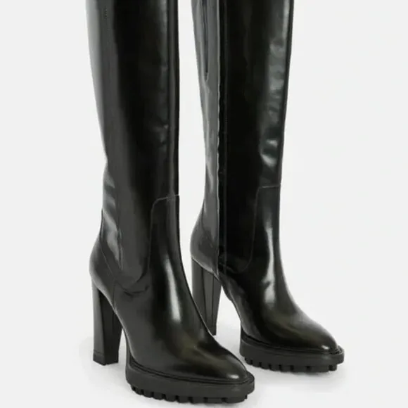 NWT AllSaints &quot;Harlem&quot; Tall Black Leather Lug Sole Boots Size 10