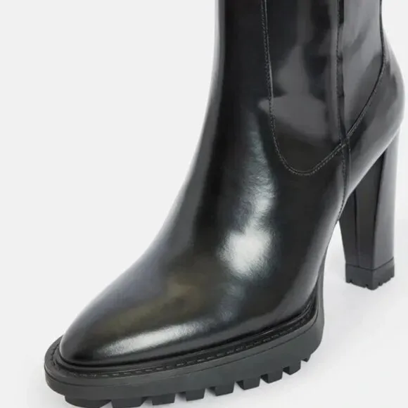NWT AllSaints &quot;Harlem&quot; Tall Black Leather Lug Sole Boots Size 10