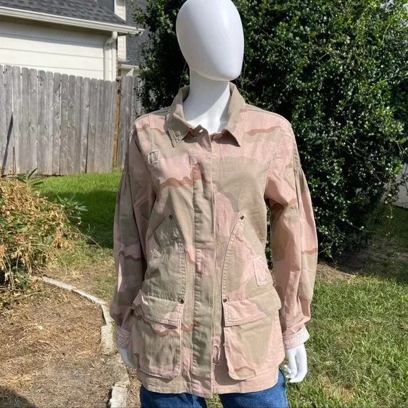 NWT Anthro Distressed Camouflage Boho Utility Military Denim Jacket