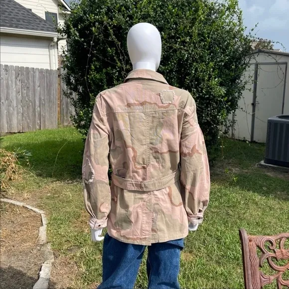 NWT Anthro Distressed Camouflage Boho Utility Military Denim Jacket