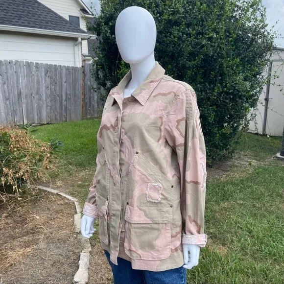 NWT Anthro Distressed Camouflage Boho Utility Military Denim Jacket