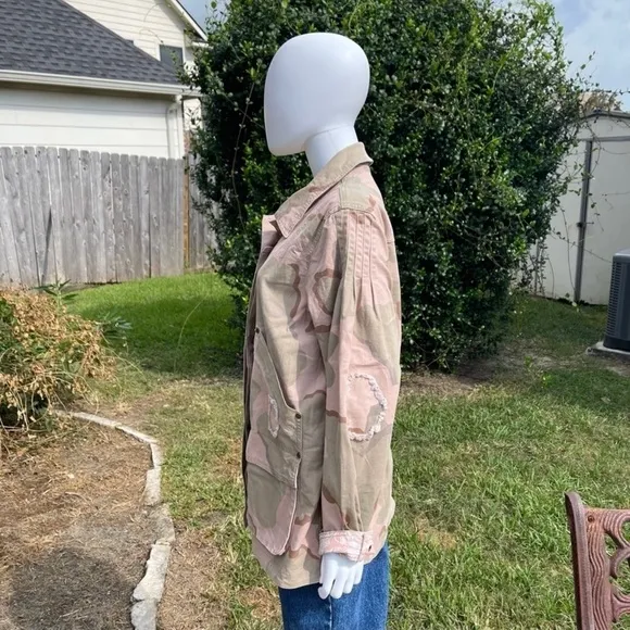 NWT Anthro Distressed Camouflage Boho Utility Military Denim Jacket