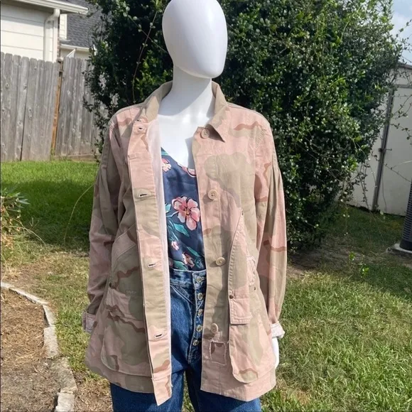 NWT Anthro Distressed Camouflage Boho Utility Military Denim Jacket