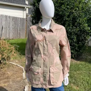 NWT Anthro Distressed Camouflage Boho Utility Military Denim Jacket